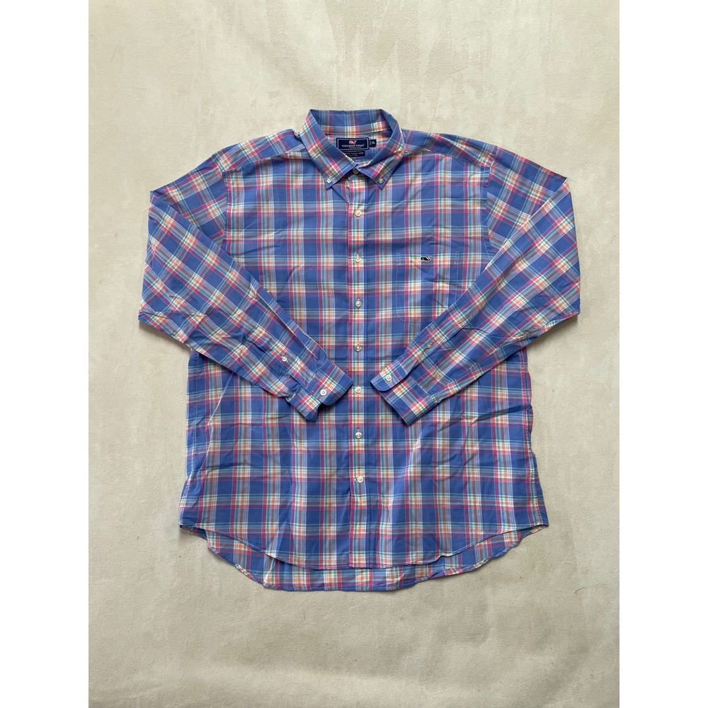 Vineyard Vines Slim Fit Tucker Shirt Mens XL Blue Pink Plaid Button Down Cotton